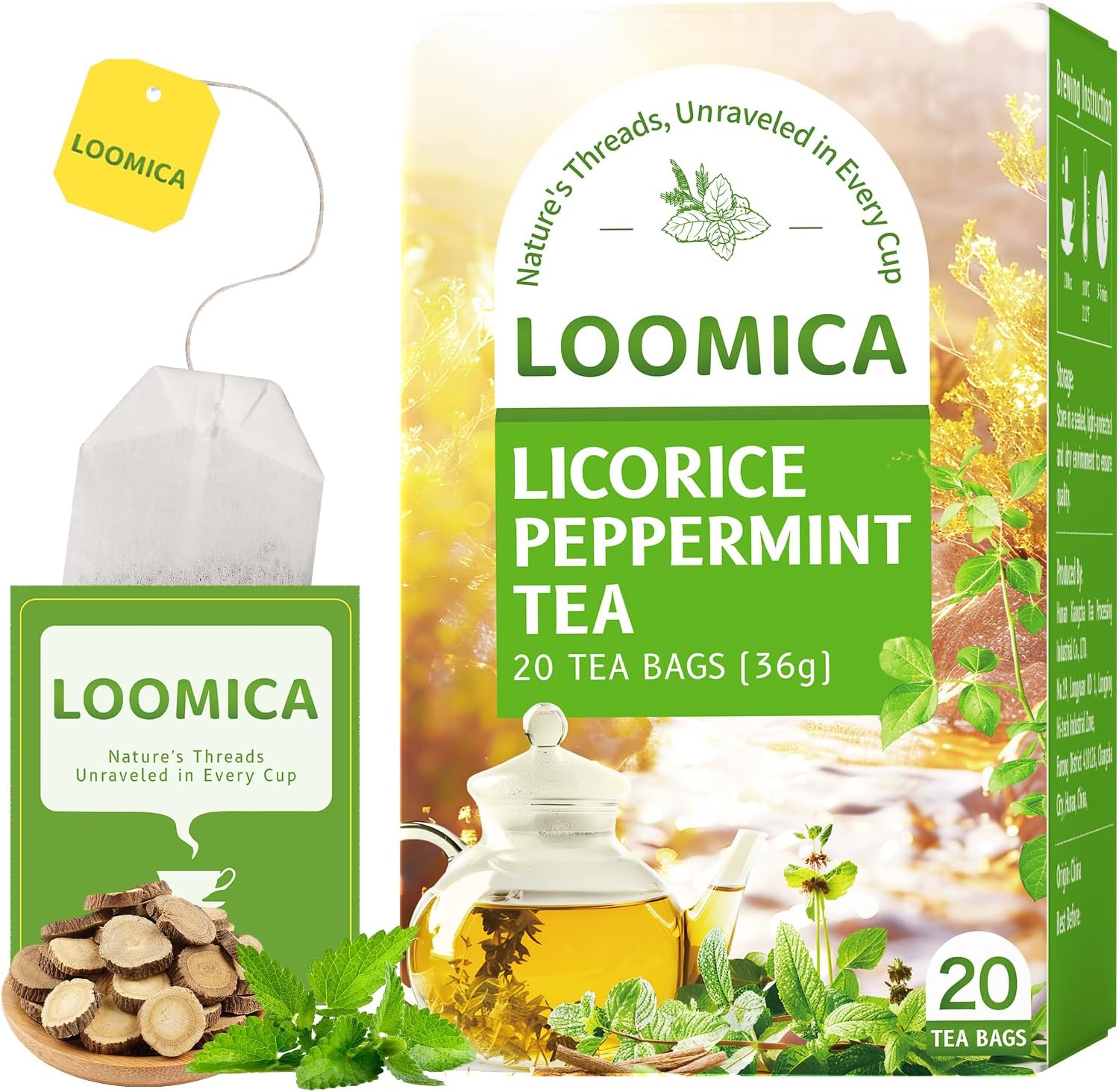 LOOMICA Licorice Mint Tea Bags, Caffeine Free, Refreshing Peppermint & Earthy Sweet Licorice Root Tea Bags for Relaxation, Individually Wrapped Bags, No Artificial Sugar Added, 20 Counts