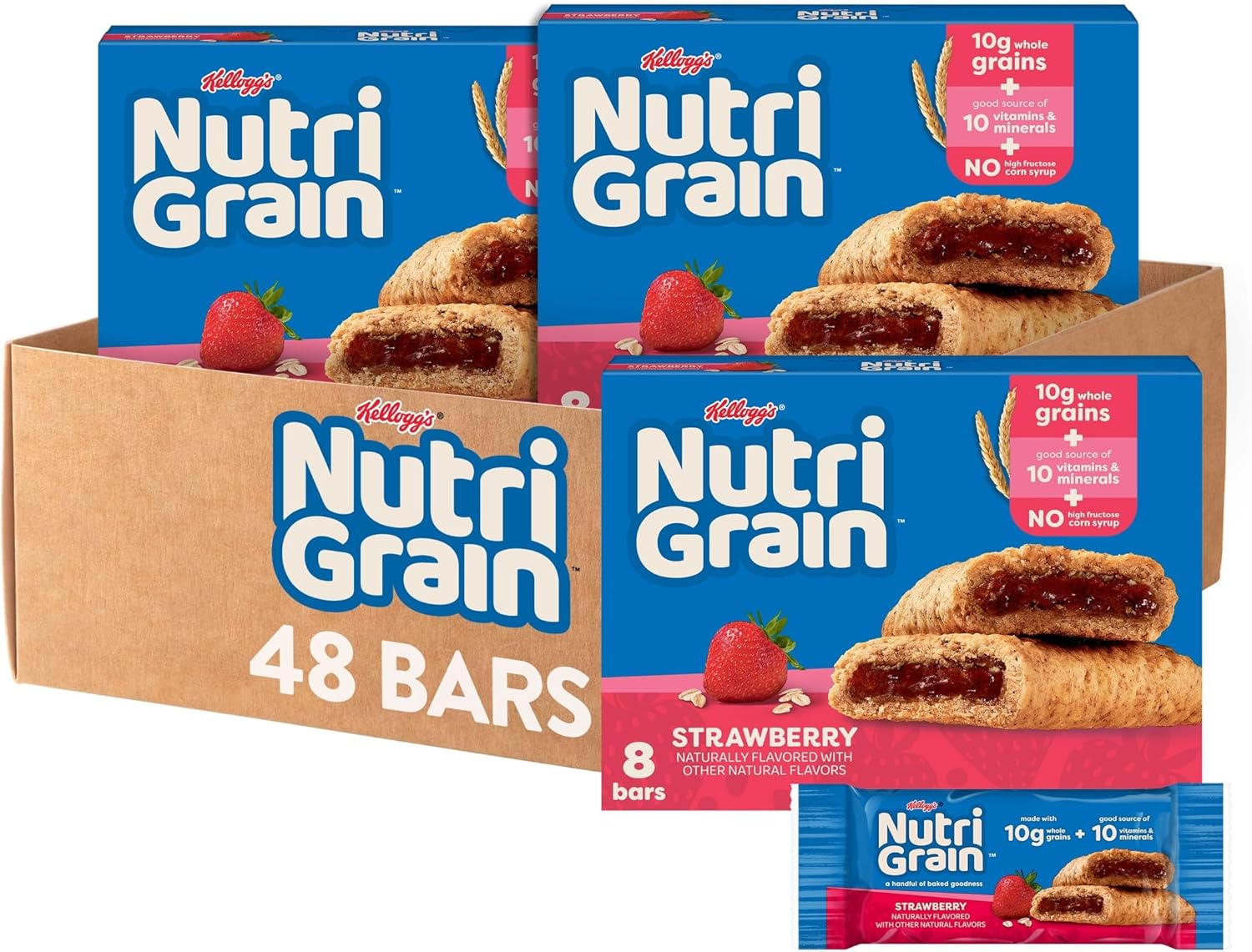 Nutri-Grain Soft Baked Breakfast Bars, Made with Whole Grains, Kids Snacks, Strawberry (6 Boxes, 48 Count)