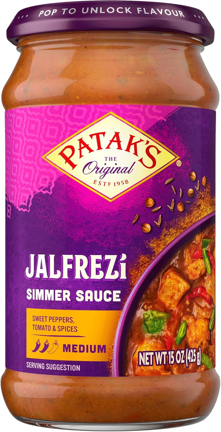 Patak’s Jalfrezi Simmer Sauce - Tomato-Based Curry Sauce with Green and Red Bell Pepper, Spices - Gluten-Free & Vegan Mild Indian Sauce - Perfect for Quick and Easy Curry Dishes - 15oz Jar (Pack of 6)