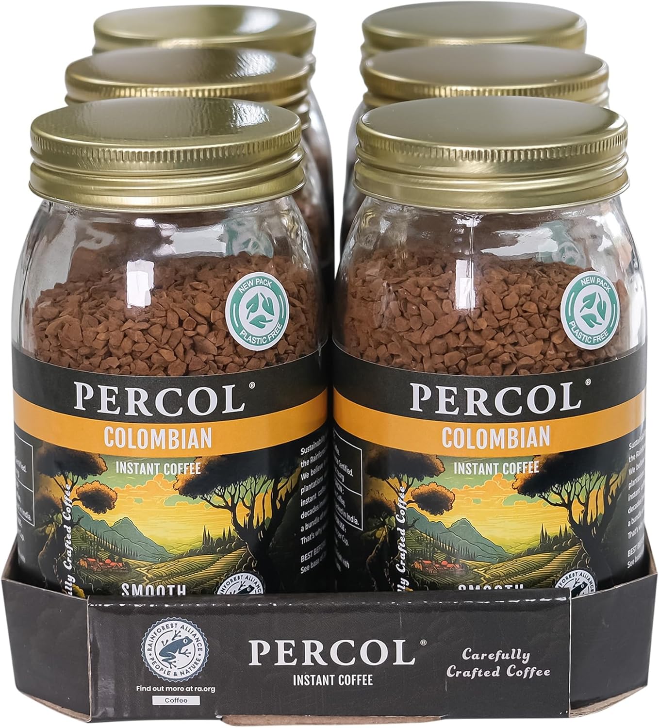 PERCOL SMOOTH COLOMBIA INSTANT COFFEE -- Easy Drinking Colombian Flavor, Aroma and Taste -- Fairtrade Certified 100% Arabica Beans Freeze-Dried Coffee - Lighter Strength Blend 6 Pk 3.5 oz