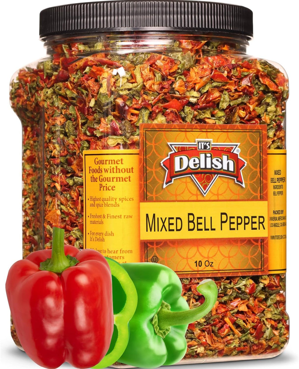 Dehydrated Dried Red and Green Bell Peppers Mix by It's Delish, Jumbo Reusable Container 16 Oz (1 lb) | Bulk Mixed Bell Pepper Flakes – Chopped & Dried Vegetable Spice Seasoning | Vegan, Kosher
