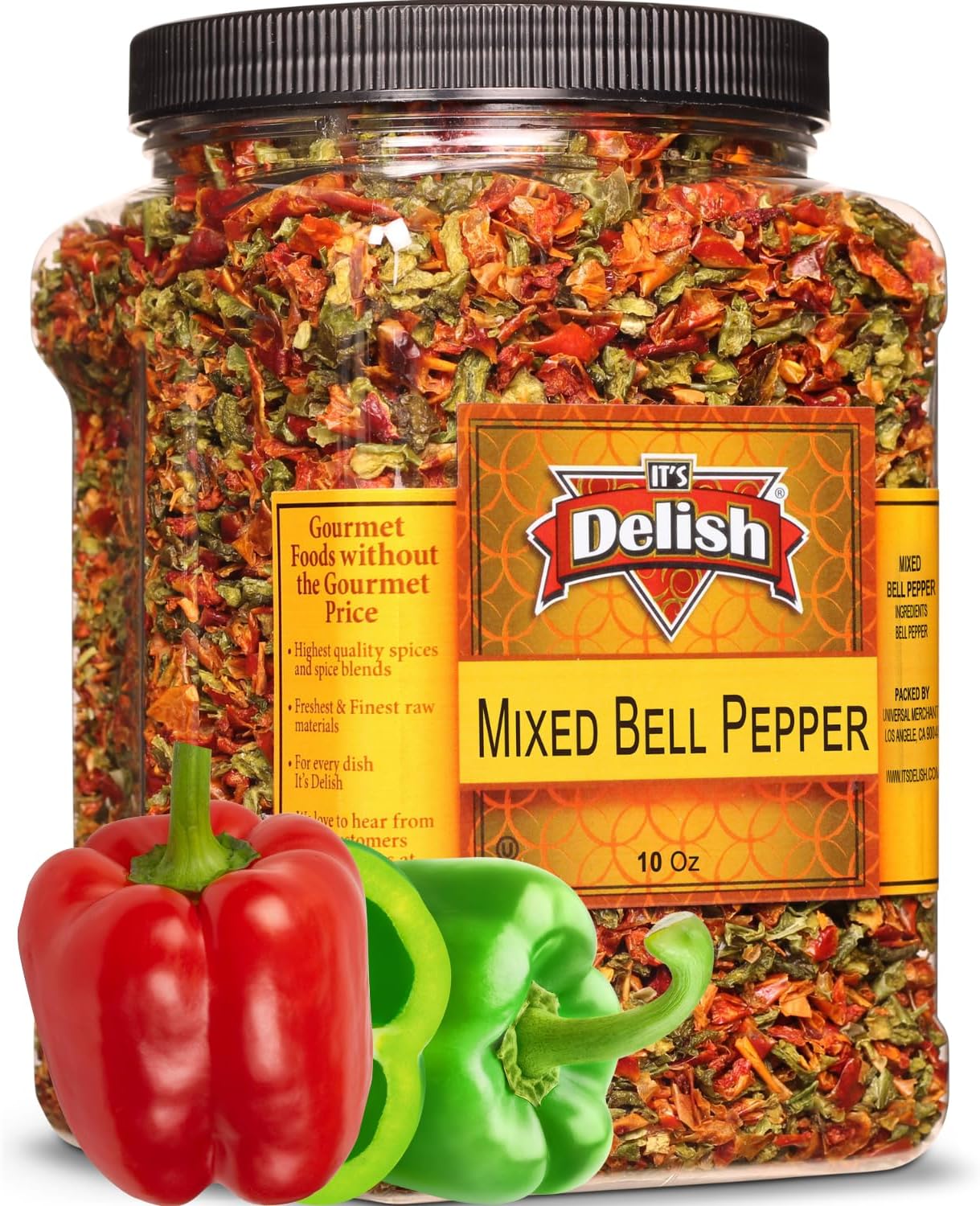 Dehydrated Dried Red and Green Bell Peppers Mix by It's Delish, Jumbo Reusable Container 16 Oz (1 lb) | Bulk Mixed Bell Pepper Flakes – Chopped & Dried Vegetable Spice Seasoning | Vegan, Kosher
