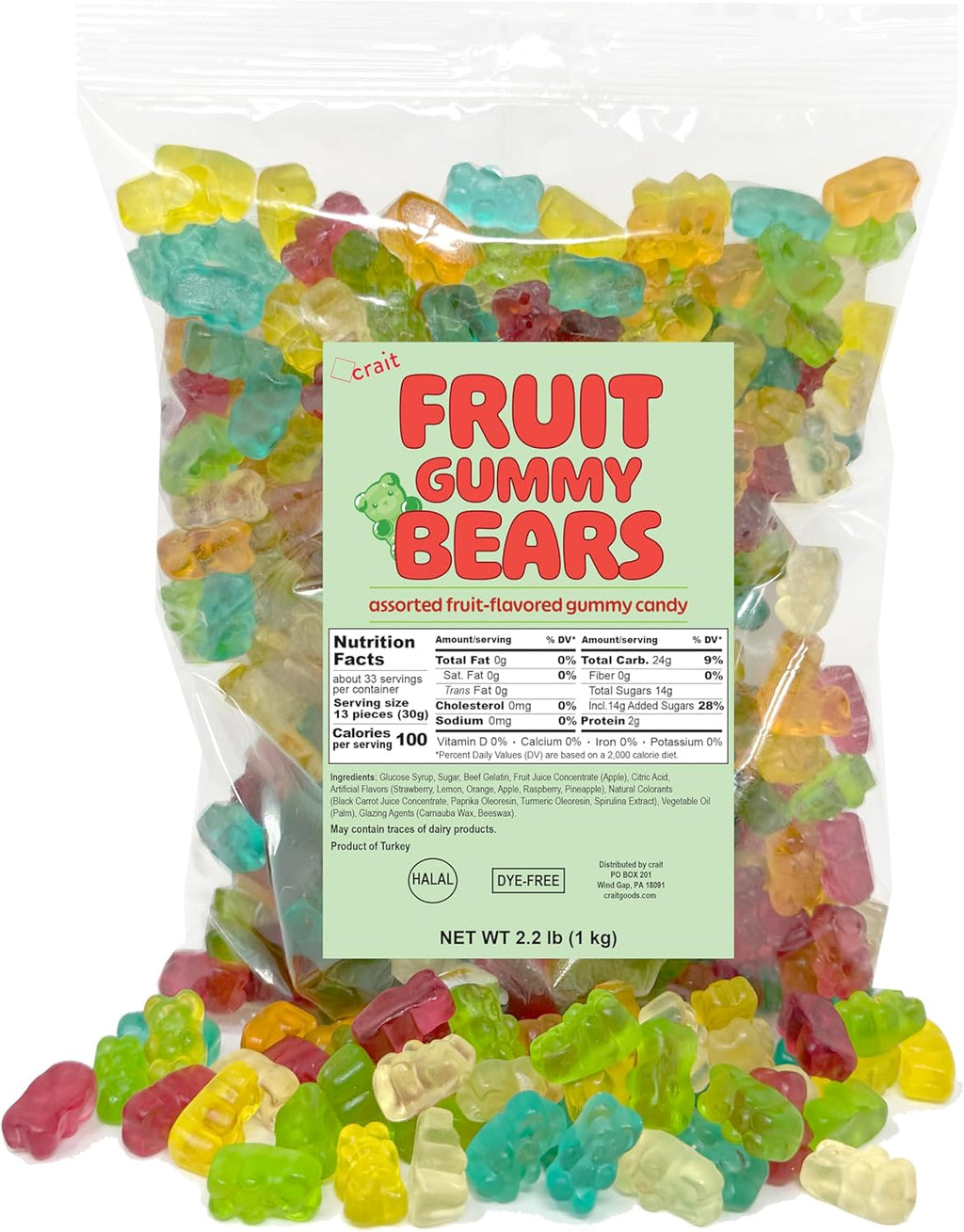 Gummy Bears Bulk Bag Dye Free Candy, Halal Gummies Fruit Flavored Gummy Bears 2.2 Pounds
