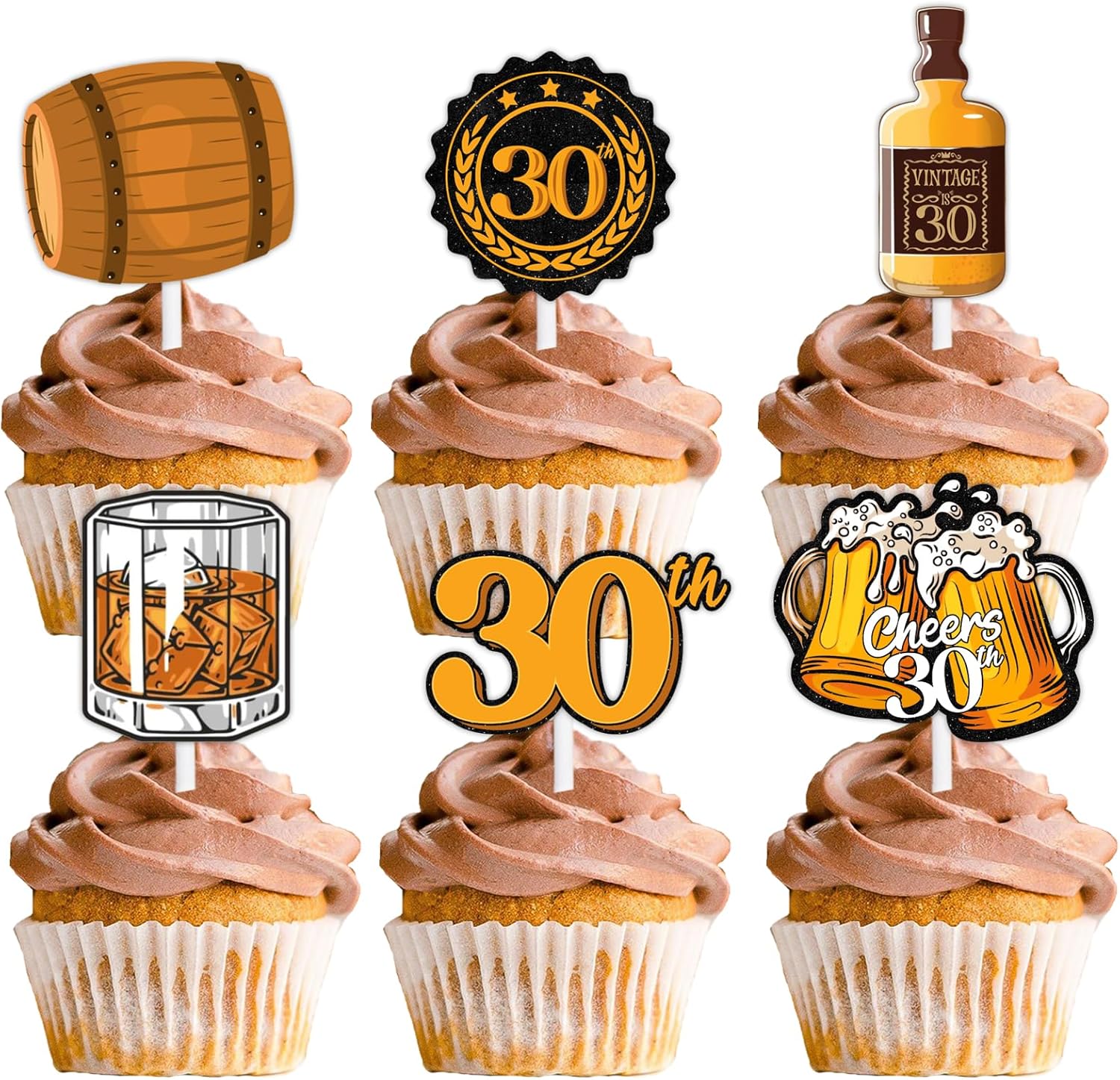 18pcs Brown Glitter Dessert Cupcake Topper Aged to Perfection Cheer 30 Whiskey Festival Traditional Oktoberfest Festival Theme Decor Supplies Men Happy 30th Birthday Decorations