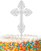 Cross Cake Topper - Glitter Silver Baptism Cake Decor for Baby Shower, God Bless or Holy Communion (Silver)