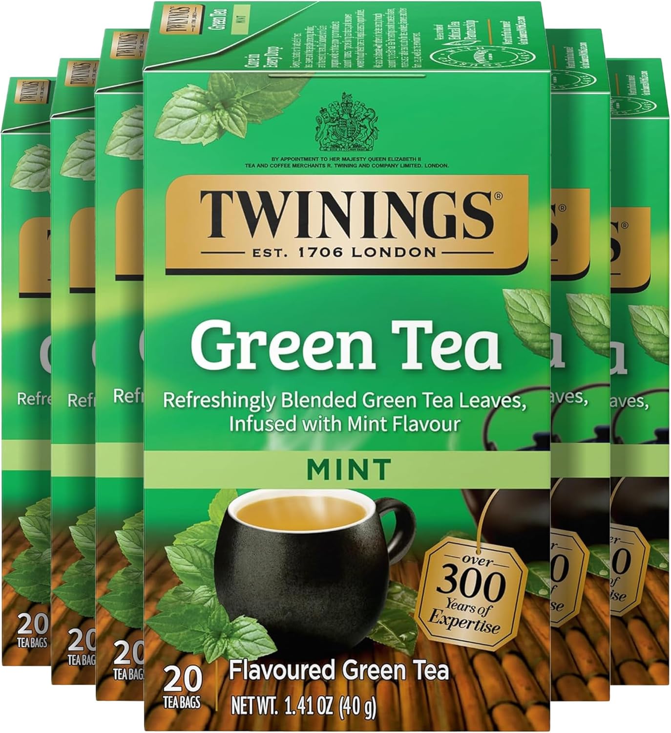 Twinings Green Tea with Mint Individually Wrapped Bags, 20 Count (Pack of 6), Invigorating Aroma, Caffeinated, Enjoy Hot or Iced, 120 Teabags