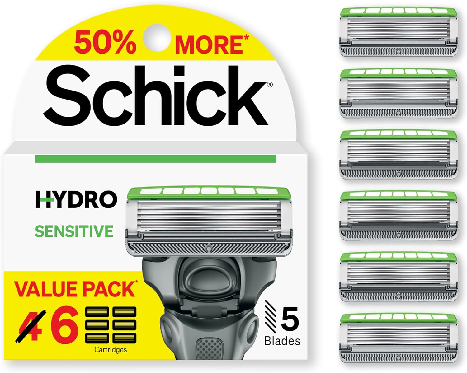 Schick Hydro Sensitive Razor Refills, 6ct | 5 Blade Razor for Men, Shaving Blades, 6 Refills