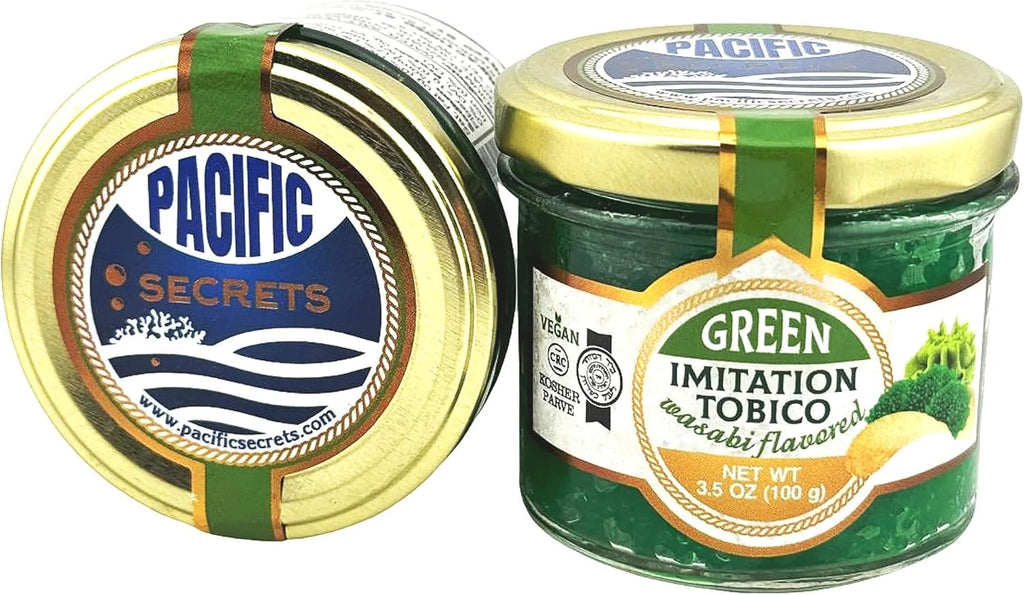Pacific Secrets Green Vegan Tobico Caviar | Wasabi Flavored | Seaweed Tobiko | No-Fish | Kosher | 3.5 oz Glass Jar