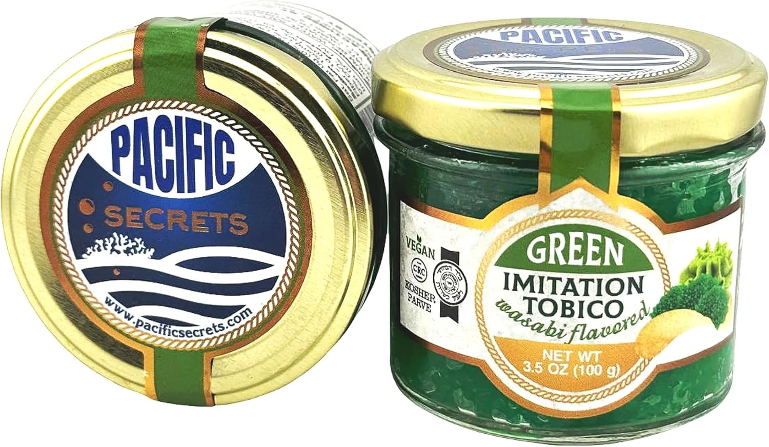 Pacific Secrets Green Vegan Tobico Caviar | Wasabi Flavored | Seaweed Tobiko | No-Fish | Kosher | 3.5 oz Glass Jar