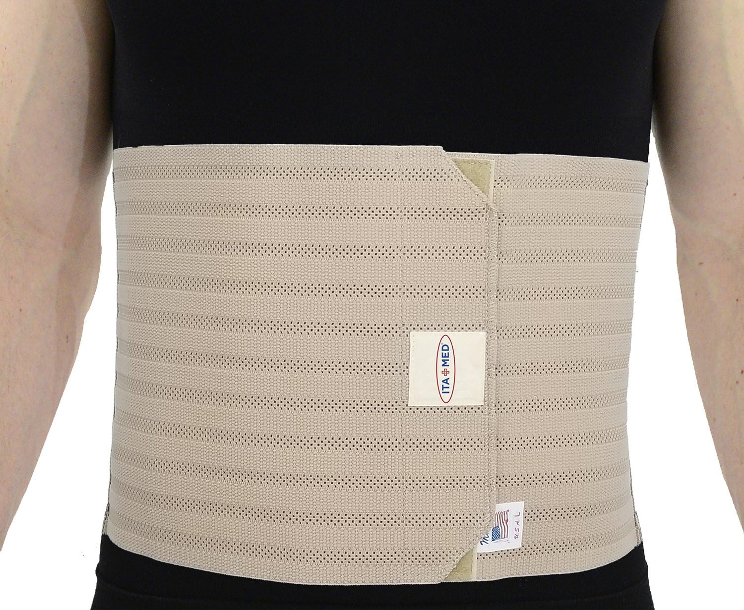 ITA-MED Men's Breathable Elastic Abdominal Binder for Post-Surgery Recovery & Umbilical Hernia Support, 9” Wide, Body-Shaping Effect, Made in USA, Beige (Small)
