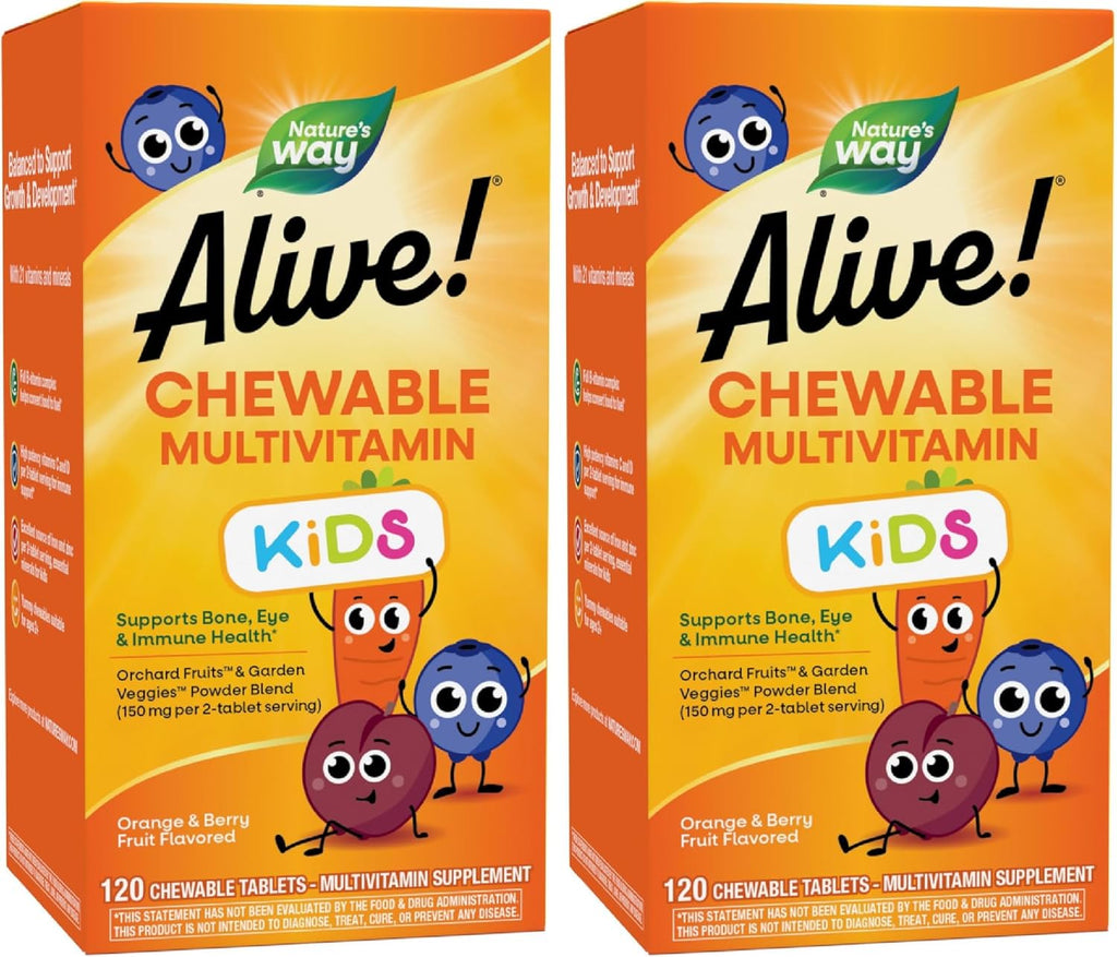 Nature's Way Alive! Children's Daily Chewable Multivitamin, Supports Bone, Eye, and Immune Health*, Orange & Berry Fruit Flavored, Gluten Free, 120 Chewable Tablets (Packaging May Vary) (Pack of 2)