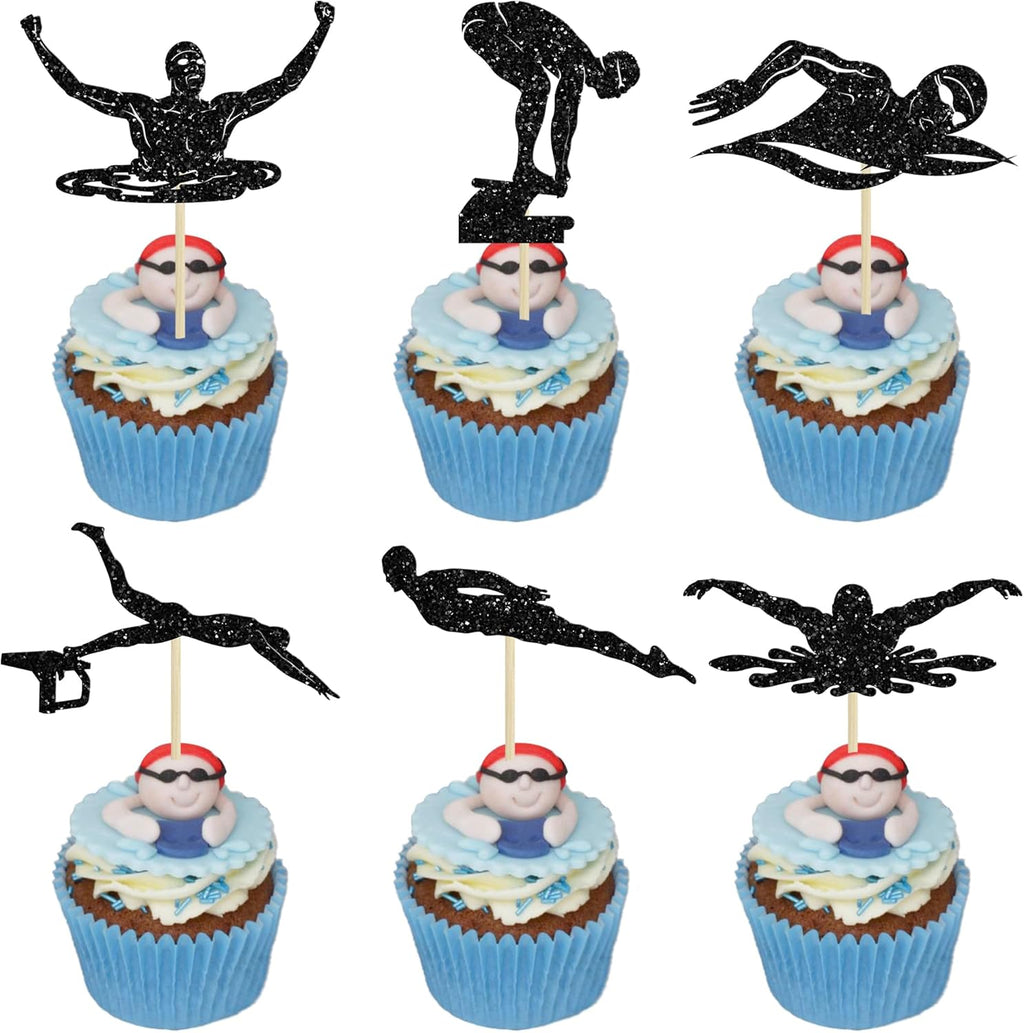 Ephlyn 24Pcs Swim Cupcake Toppers Swimming Team Diving Cupcake Picks Swimming Cake Decorations for Summer Beach Pool Party Birthday Baby Shower Supplies Black