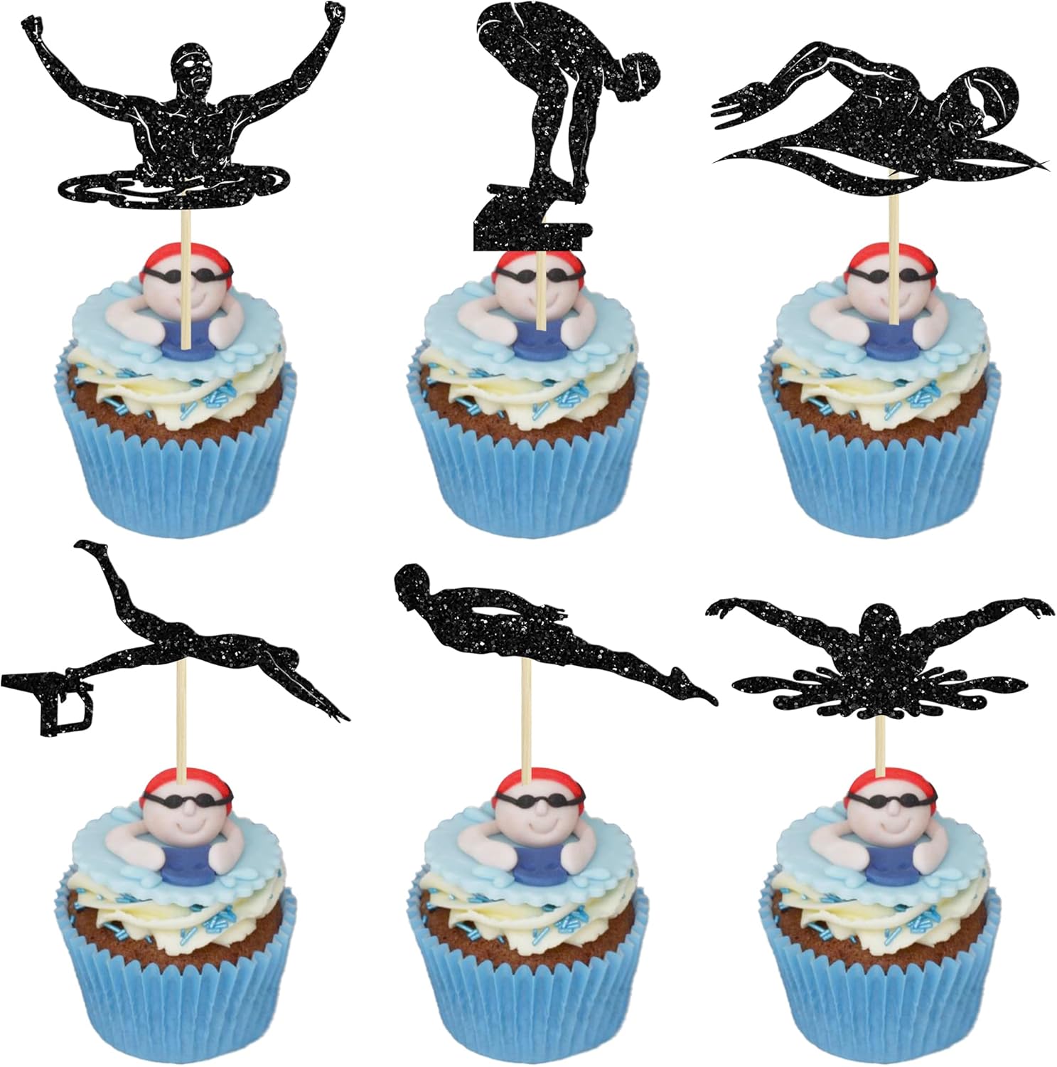 Ephlyn 24Pcs Swim Cupcake Toppers Swimming Team Diving Cupcake Picks Swimming Cake Decorations for Summer Beach Pool Party Birthday Baby Shower Supplies Black