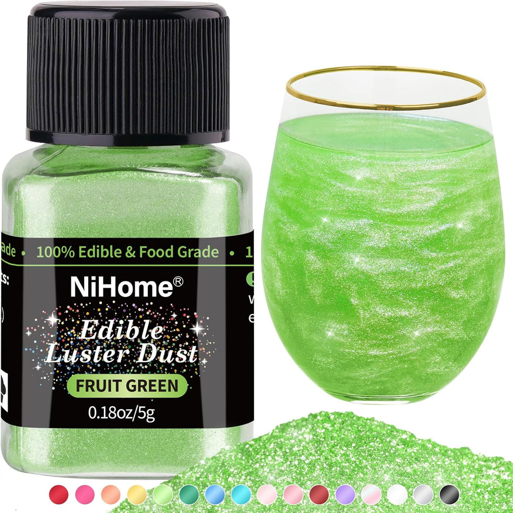 NiHome Edible Food-Grade Glimmer Powder Glitter Luster Dust Metallic Food Decorating Sprinkle Glimmery Dust for Drink Wine Beverage Cake Candy Dessert Bakery Restaurant Vegan (0.18oz/5g, Fruit Green)