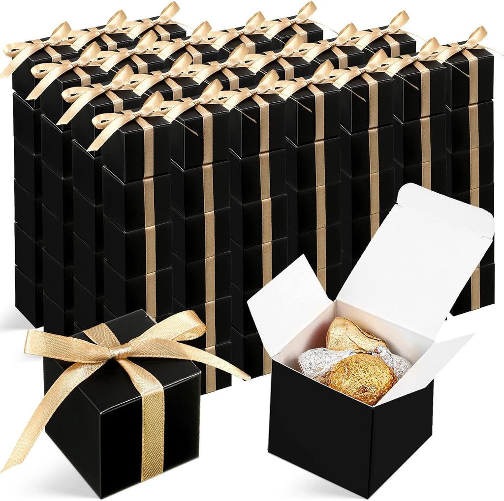 Jutom 100 Pcs Mini Favor Boxes Extra Small Candy Boxes Paper with Gold Ribbon for Baby Shower Birthday Wedding Anniversary Supplies(2 x 2 x 2 Inch,Black)