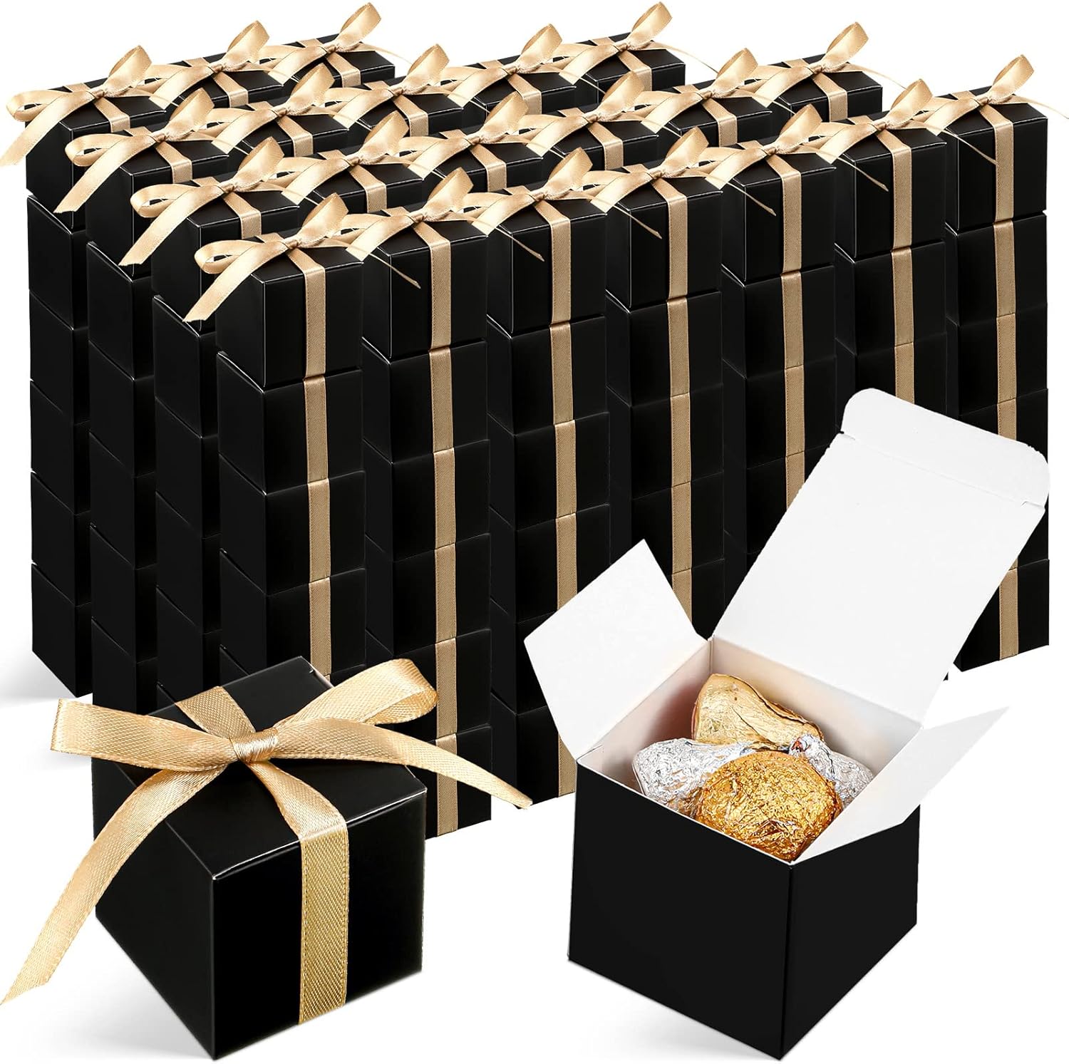Jutom 100 Pcs Mini Favor Boxes Extra Small Candy Boxes Paper with Gold Ribbon for Baby Shower Birthday Wedding Anniversary Supplies(2 x 2 x 2 Inch,Black)