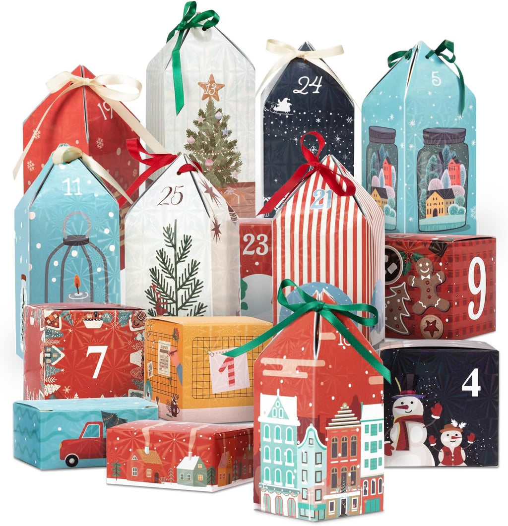 DIY Christmas Advent Calendar Boxes to Fill, 25 Numbered Empty Advent Calendar Houses Boxes, 2025 Countdown Advent Calendars Surprise Gift Boxes for Kids Family Friends, XMAS Holiday Decor -25 Designs