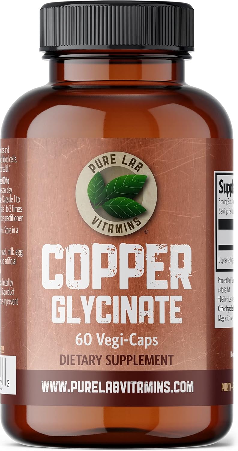 Pure Lab Vitamins Copper Glycinate Mineral Supplement -1 mg - 60 Vegan Caps Essential for Collagen Production, Supports Immune System & Red Blood Cell Formation - Gluten Free Made in Canada