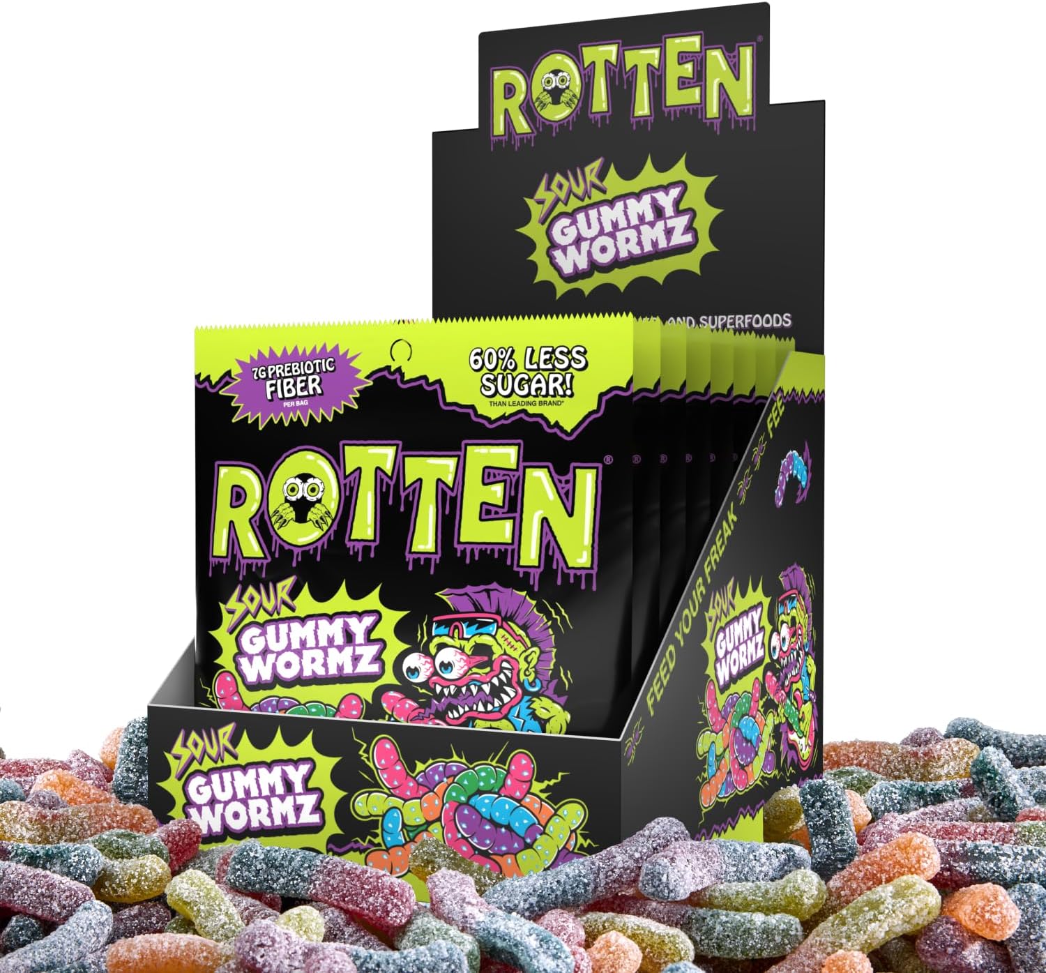 Rotten Sour Gummy Worms - Low Sugar, Low Calorie, 7g Gut-Friendly Prebiotic Fiber and 3g Protein, Gluten Free Candy - 1.8 oz - 8-Pack