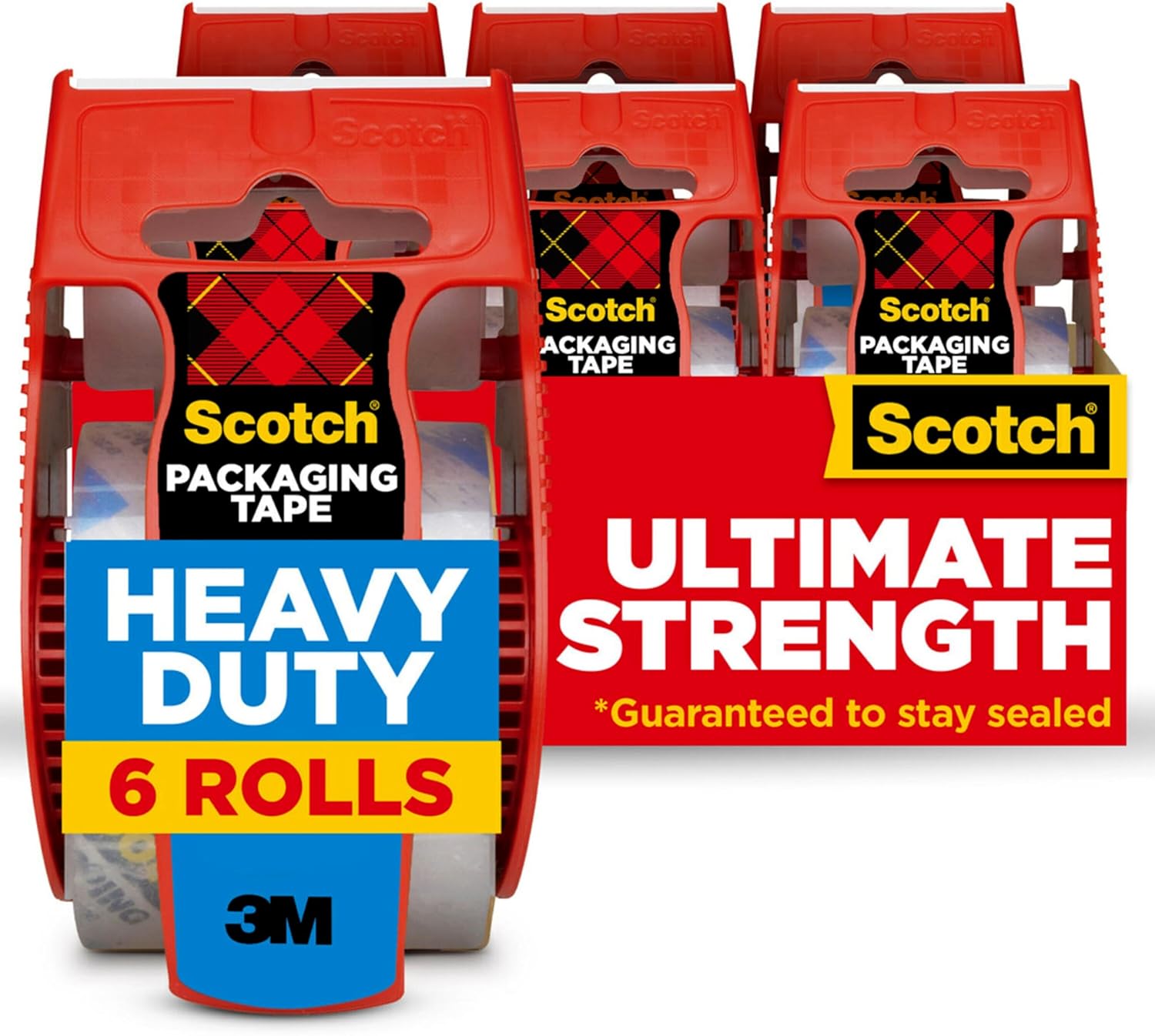 Scotch Heavy Duty Shipping Packaging Tape, Clear, Split-Resistant, 1.88 in x 27.7 yd per Roll (1000 inch), 6 Rolls, 6 Dispensers (6000 inches Total) – Box Tape