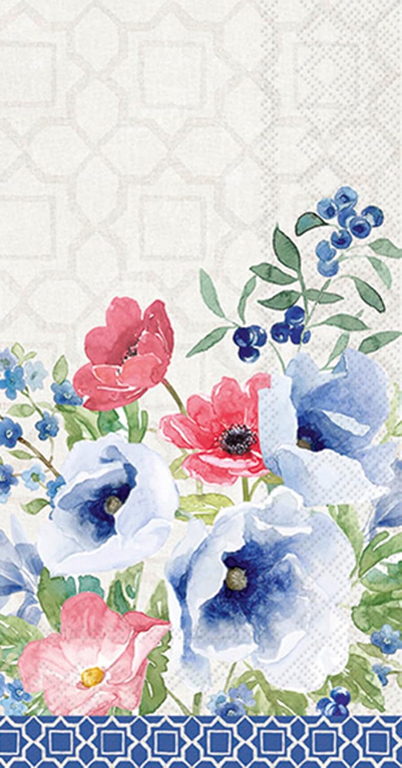IHR Ideal Home Range Dinner Napkins Disposable 3-Ply Paper Hand Towels, 8.5" x 4.5", Indigo Bouquet (Light Grey), 16-Count