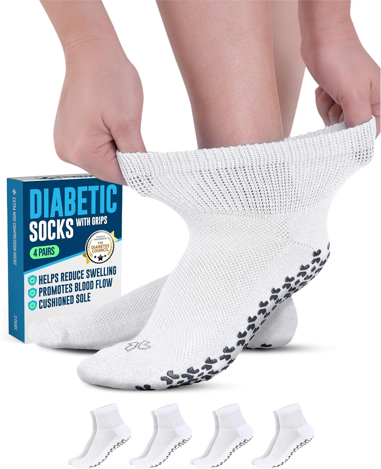 Doctor's Select Diabetic Ankle Socks with Grippers for Men and Women - 4 Pair 1/4 Length Neuropathy Socks for Women