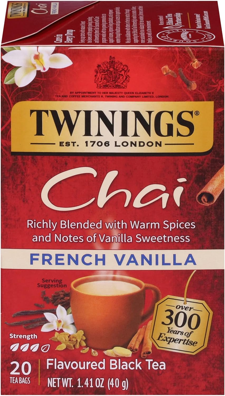 Twinings French Vanilla Chai Black Tea Individually Wrapped Bags, 20 Count (Pack of 1), Warm, Sweet & Spicy, Caffeinated, Enjoy Hot or Iced, 20 Teabags