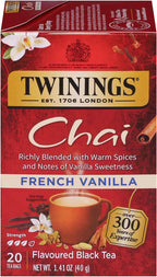 Twinings French Vanilla Chai Black Tea Individually Wrapped Bags, 20 Count (Pack of 1), Warm, Sweet & Spicy, Caffeinated, Enjoy Hot or Iced, 20 Teabags