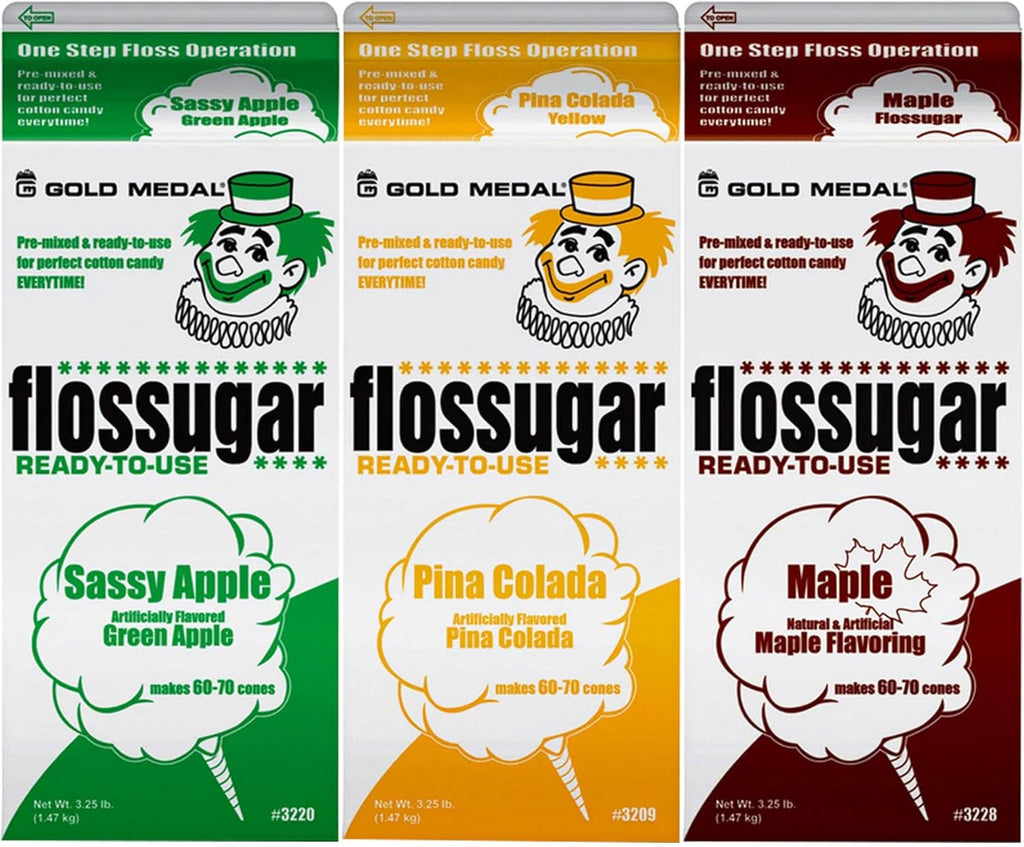 Cotton Candy Floss sugar Mix Flavors | Pack Of 3 | Green Apple, Pina Colada, and Maple Flavors | 1/2 Gallon Cartons