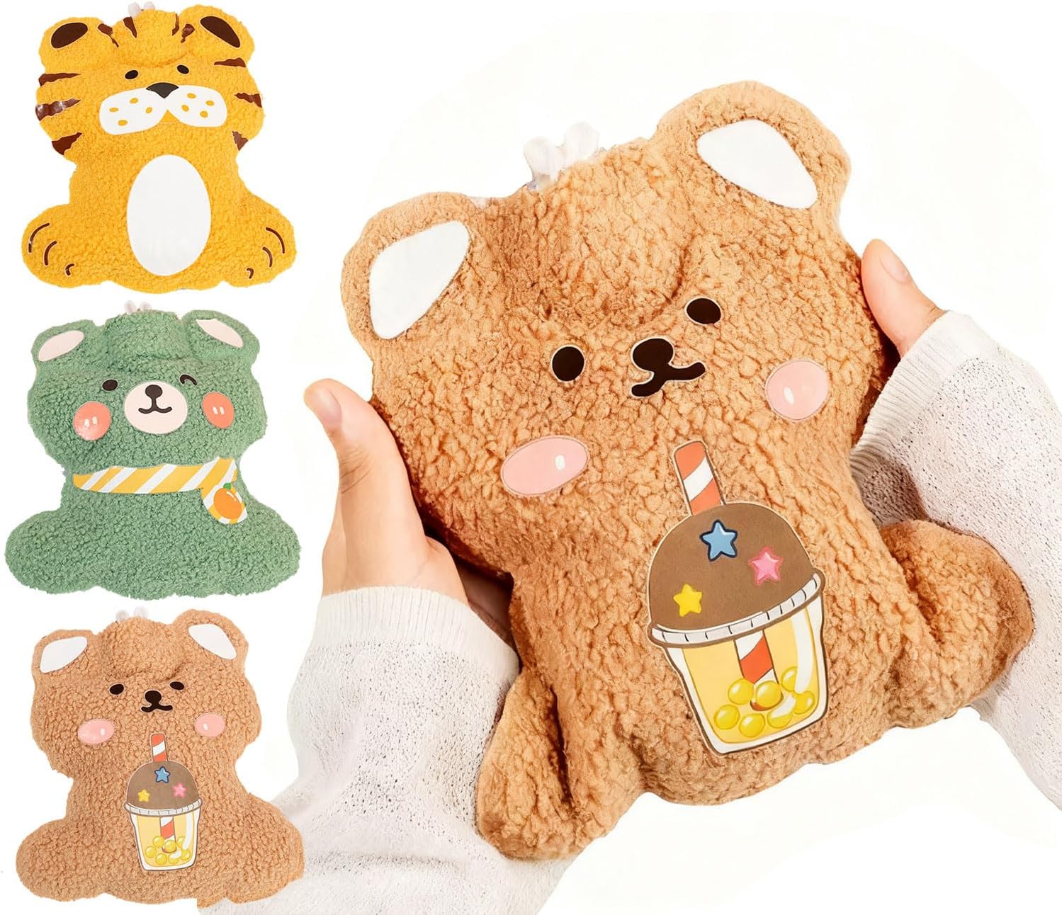 500ML Cute Plush Hot Water Bottle, Hot Water Hand Warmer, Hot Water Bag with Soft Cover for Pain Relief, Menstrual Cramps, Neck Shoulder, Soft Fluffy Hot Bag for Winter (3 PCS)
