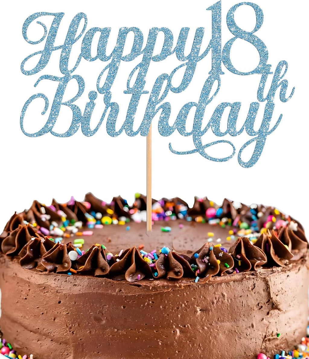 Happy 18th Birthday Cake Topper - Glitter Sky Blue 18th Birthday Cake Decorations, Eighteen Year Old Cake Smash Decor, 18th Birthday Cake Top Photo Booth Props (Sky Blue)
