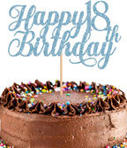 Happy 18th Birthday Cake Topper - Glitter Sky Blue 18th Birthday Cake Decorations, Eighteen Year Old Cake Smash Decor, 18th Birthday Cake Top Photo Booth Props (Sky Blue)