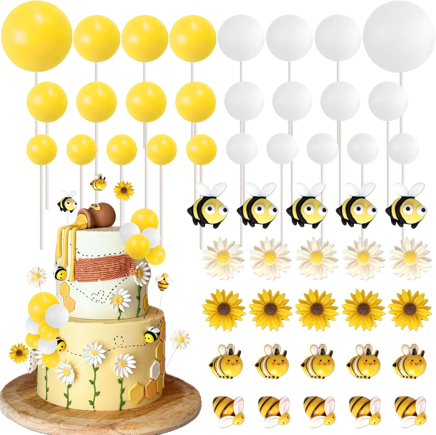 39 Pack Bee Cake Decorations Happy Bee Day Cake Topper Balls Cake Picks Honeycomb Daisy Sunflower Cake Decoration for Bee Themed Birthday Party Supplies