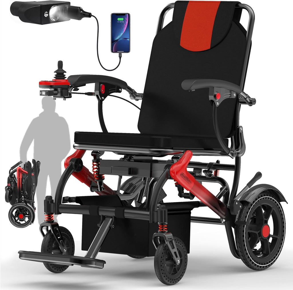 Electric Wheelchairs for Adults Foldable 36LBS Lightweight, 15 Miles Travel Range& Max Support 350 LBS, 500W Brushless Motors Power Motorized for Seniors& LED Light& Airline Approval-Red Style
