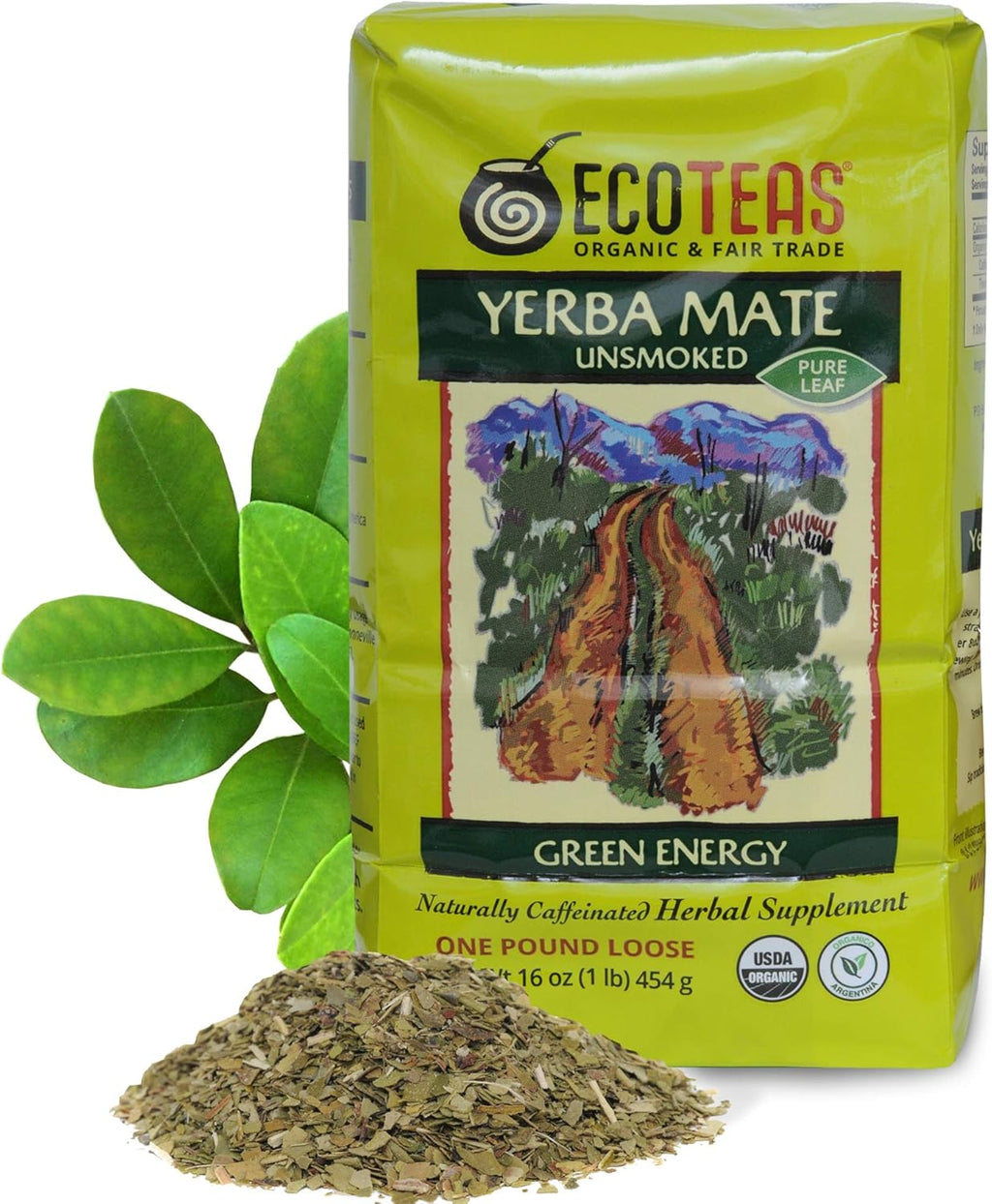 ECOTEAS Organic Yerba Mate Loose Leaf Tea – Natural Energy & Detox Herbal Tea – Caffeine Alternative - Kosher, Non-GMO, Gluten-Free - Unsmoked Pure Leaf from Argentina, 1 lb
