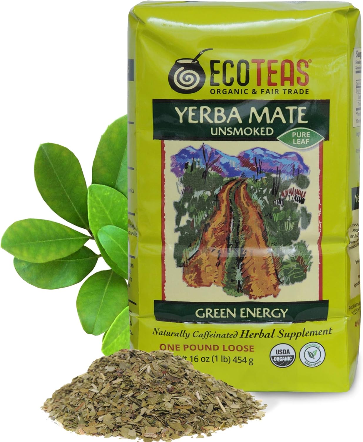 ECOTEAS Organic Yerba Mate Loose Leaf Tea – Natural Energy & Detox Herbal Tea – Caffeine Alternative - Kosher, Non-GMO, Gluten-Free - Unsmoked Pure Leaf from Argentina, 1 lb