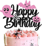 Halloween Cake Topper Happy Birthday Cake Decoration Halloween Ghost Bat Pumpkin Spooky Witches Theme for Birthday Party Pink and Black Decoration