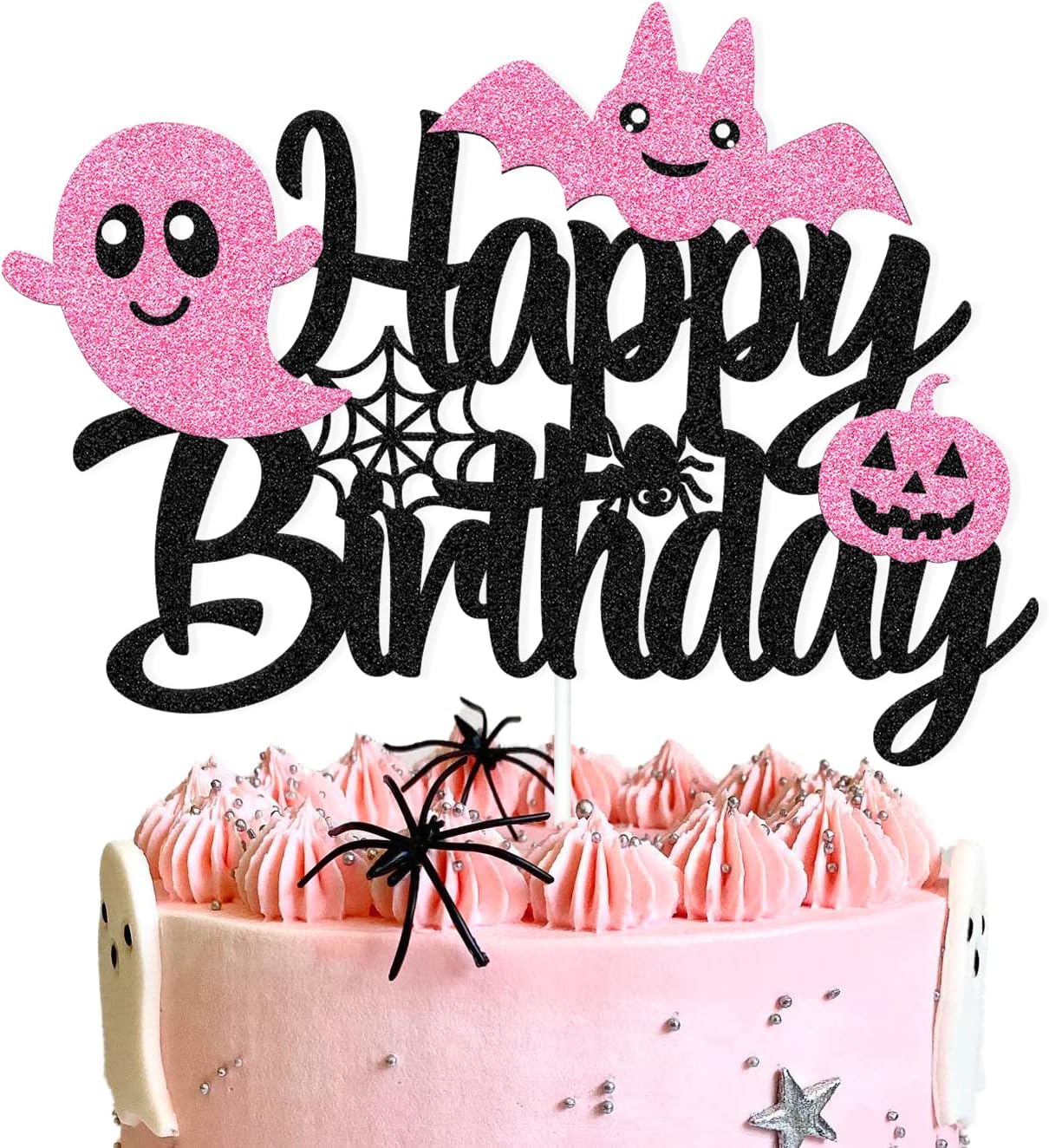 Halloween Cake Topper Happy Birthday Cake Decoration Halloween Ghost Bat Pumpkin Spooky Witches Theme for Birthday Party Pink and Black Decoration