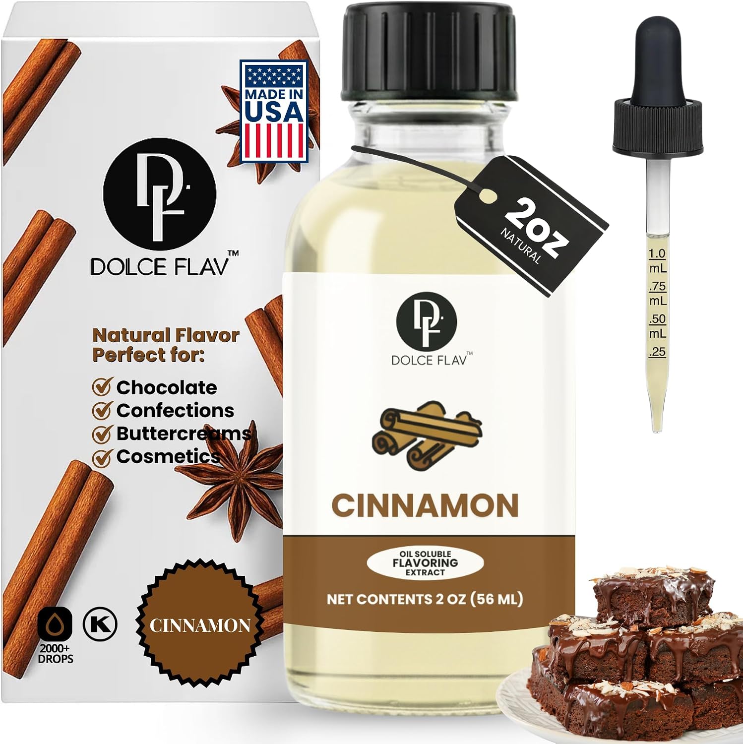 Dolce Flav Natural Cinnamon Extract – 2 Ounce Oil-Soluble Kosher, Sugar-Free, Concentrated Spice Flavor for Candy, Chocolates & Desserts, Includes Measured Dropper