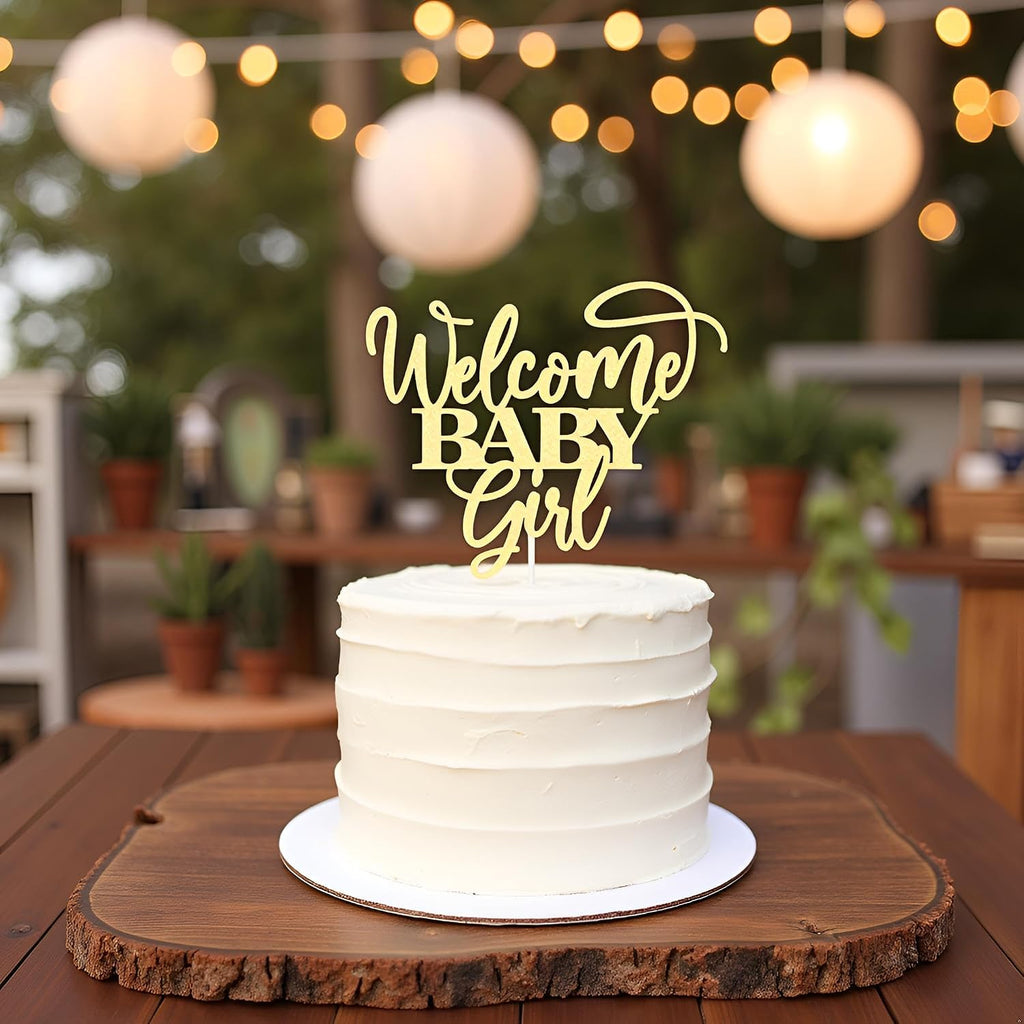 Kaoenla Welcome Baby Girl Cake Toppers - Baby Shower, Baby Shower, Newborn Gender Show Girl Happy Birthday Party Decoration(Gold)