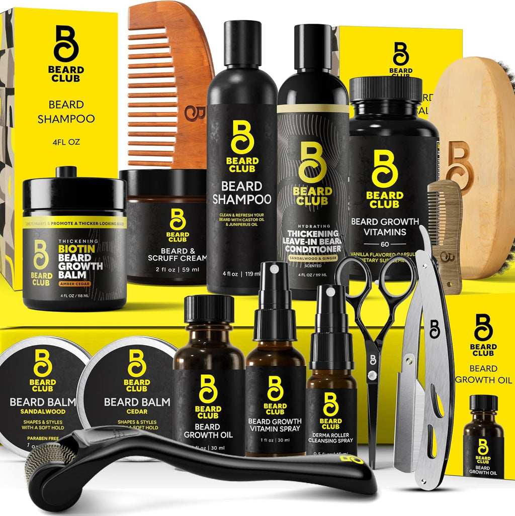 The Beard Club Ultimate Beard Growth Kit - Derma Roller, Growth Oil, Vitamins, Vitamin Spray, Biotin Balm, Conditioner, Cream, Balms, Shampoo, Razor, Scissors, Combs, Brush, Cleansing Spray - Gift Set