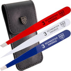 3 Swords Germany – brand quality professional stainless steel precision tweezer set “USA”, slanted, straight, pointed eyebrows hair, synthetic leather case, manicure pedicure by 3 Swords