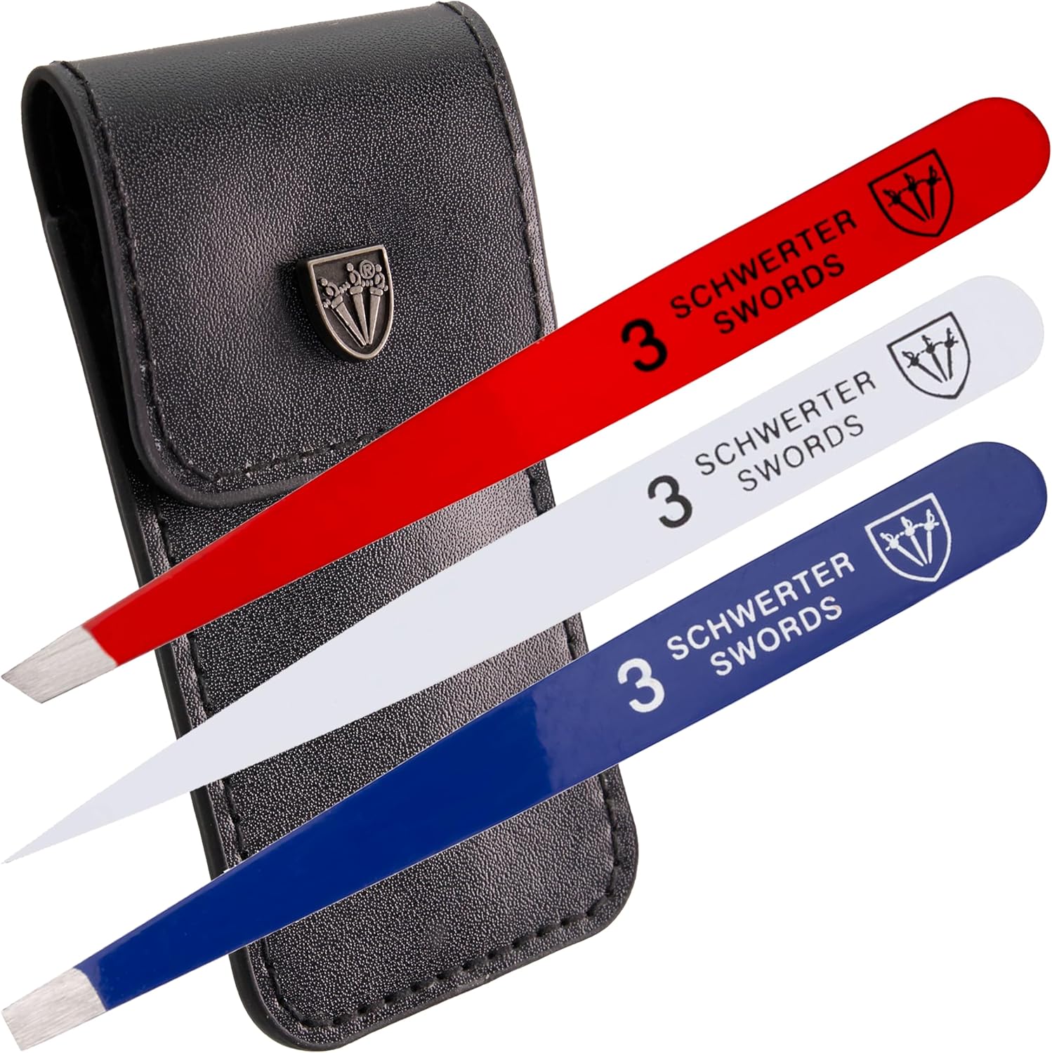 3 Swords Germany – brand quality professional stainless steel precision tweezer set “USA”, slanted, straight, pointed eyebrows hair, synthetic leather case, manicure pedicure by 3 Swords