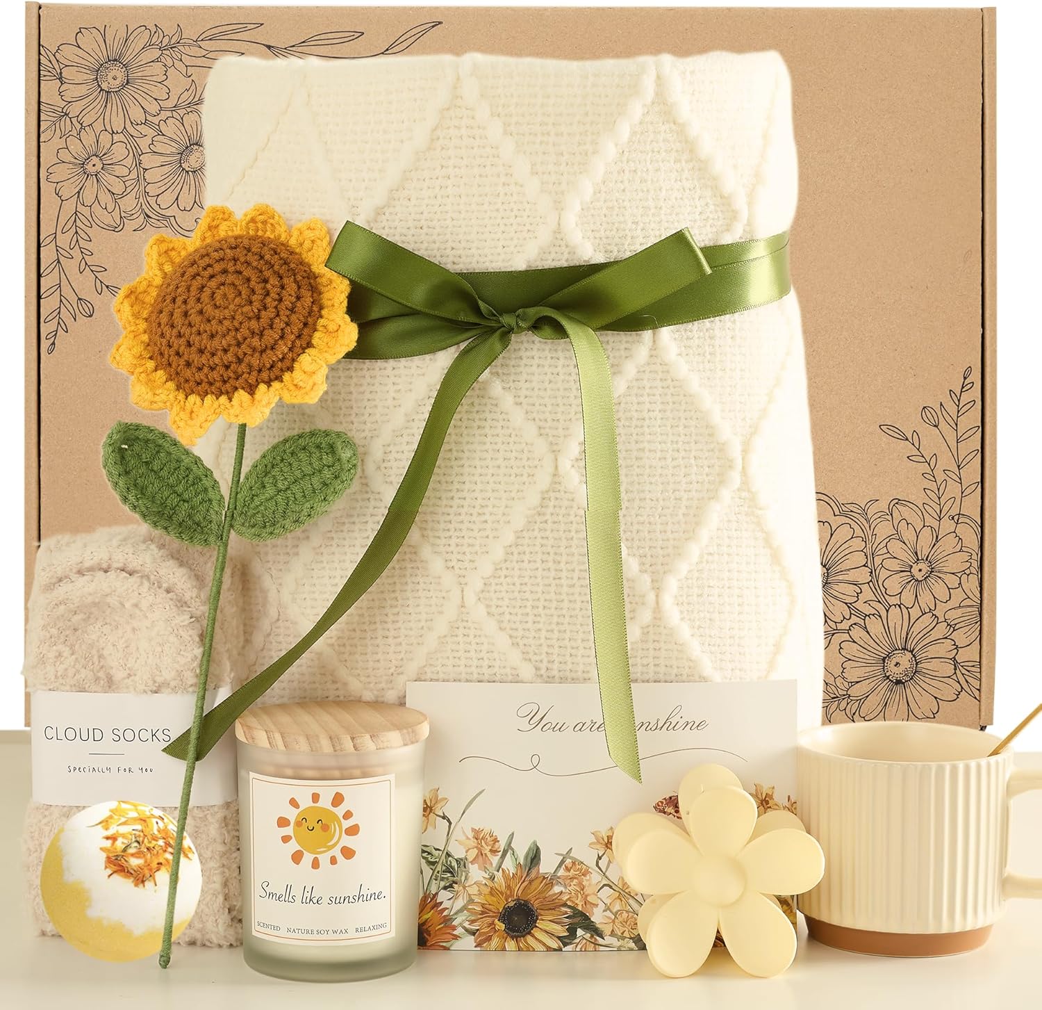 Sending Sunshine Sunflower, Happy Birthday Gifts Basket for Women, Best Friend, Friendship, Gift Box Baskets for Women, Wife, Mom, Girls, Her, Sister (10 Pcs)