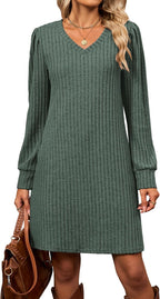 Halife Womens Knit Long Sleeve Fall Dresses Casual V Neck Tunic Sweater Dresses with Pockets
