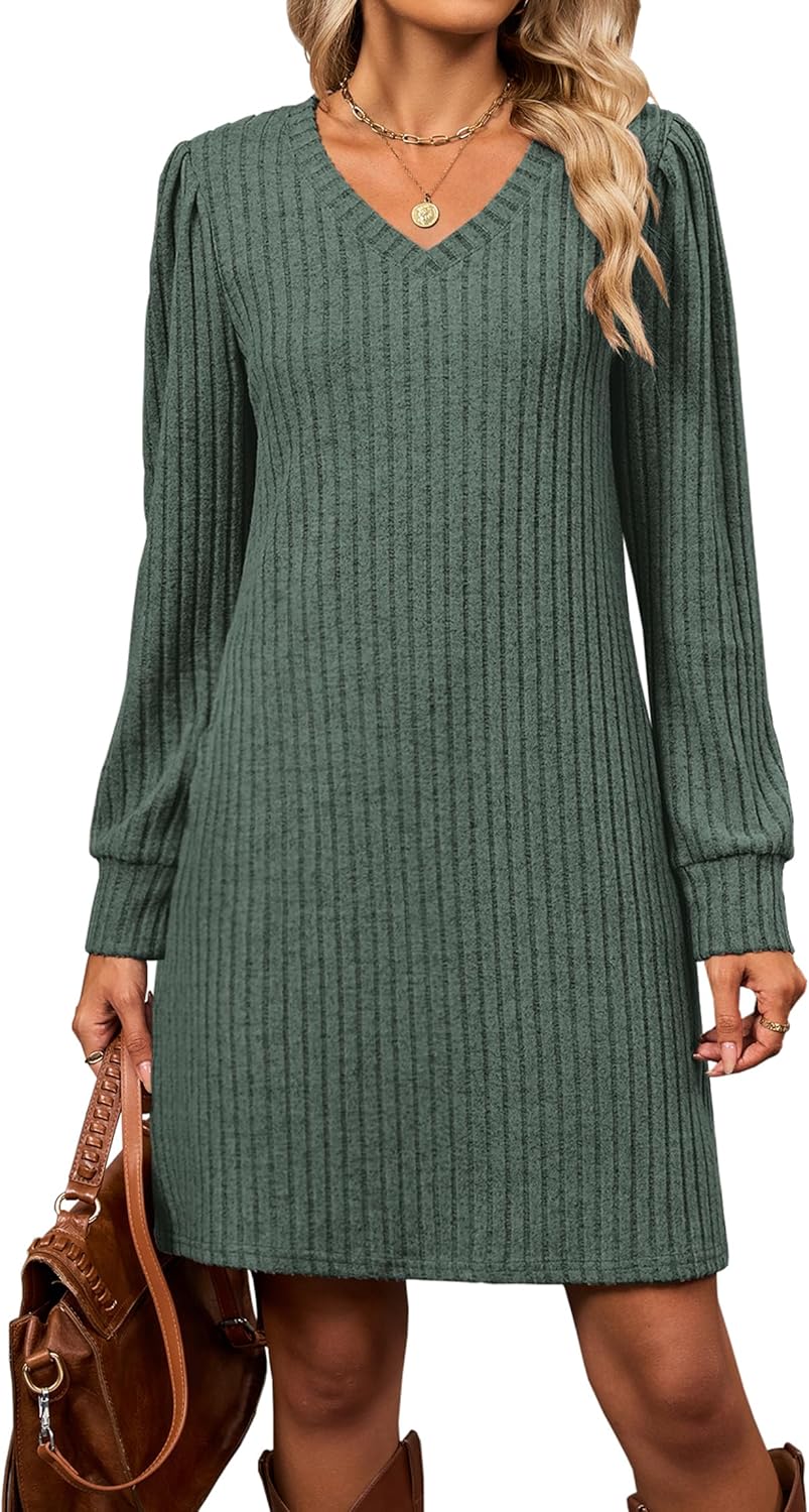 Halife Womens Knit Long Sleeve Fall Dresses Casual V Neck Tunic Sweater Dresses with Pockets