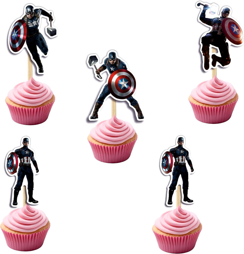 Captin Amrica Cupcake Topper Decoration (24 Pcs) – Superhero Theme Birthday Party Supplies – Perfect Cupcake Picks for Captin Amrica Theme Party, Celebration, Baby Shower, and Cake Decorations