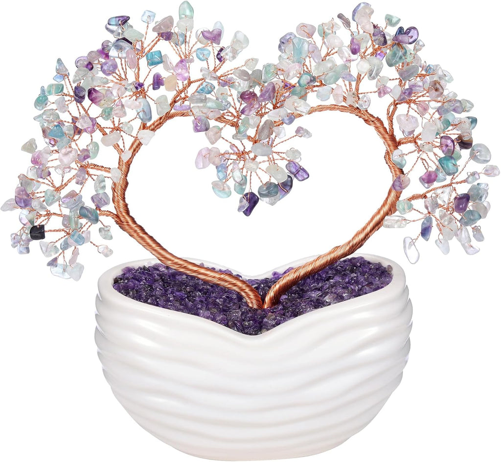 Jovivi Fluorite Crystal Heart Money Tree Healing Gemstone Bonsai Tree for Wedding Ceremony Reiki Balancing Energy Meditation Feng Shui Wealth & Good Luck Home Indoor Office Decor 7.87"-8.26"