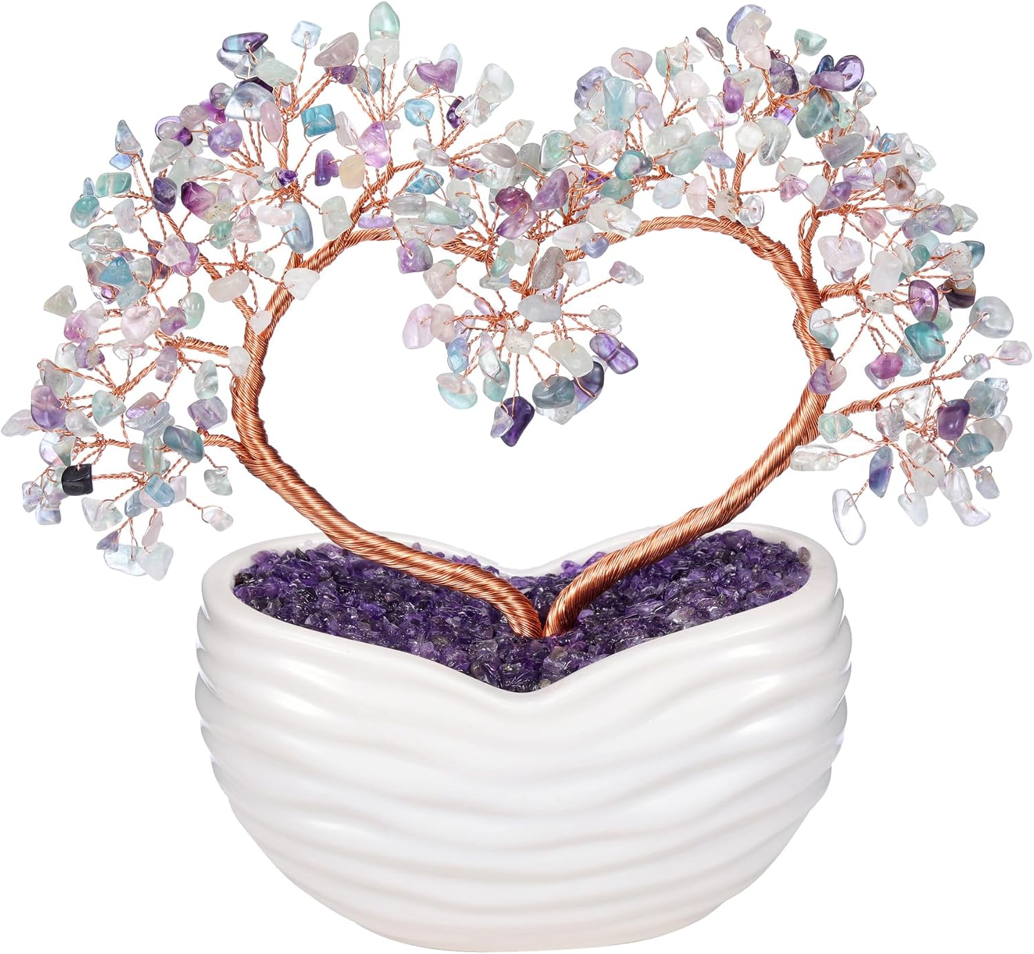 Jovivi Fluorite Crystal Heart Money Tree Healing Gemstone Bonsai Tree for Wedding Ceremony Reiki Balancing Energy Meditation Feng Shui Wealth & Good Luck Home Indoor Office Decor 7.87"-8.26"