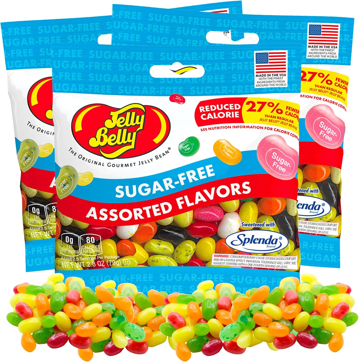 Sweetzo Sugar Free Jelly Beans, Sugar-Free Chewy Candies in Assorted Fruity Flavors, Low Calorie Shareable Sweet Snacks - 2.8 Ounce bags (Pack of 3)